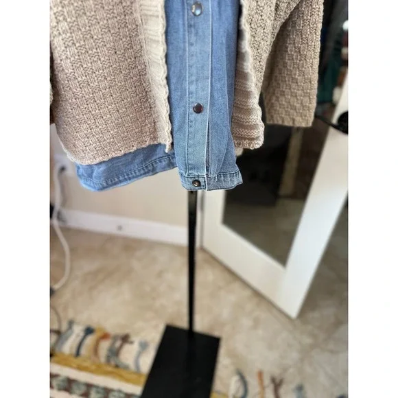 BIBI NWT SZ LGE Denim Trucker Cardigan Sweater Combo Tan Knit Oversized Layering - Picture 10 of 16
